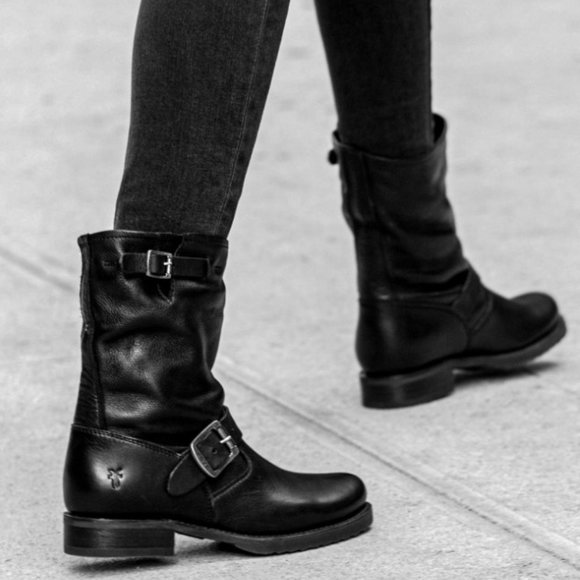 Frye Veronica Slouch Black Leather Buckle Boots - Picture 1 of 16